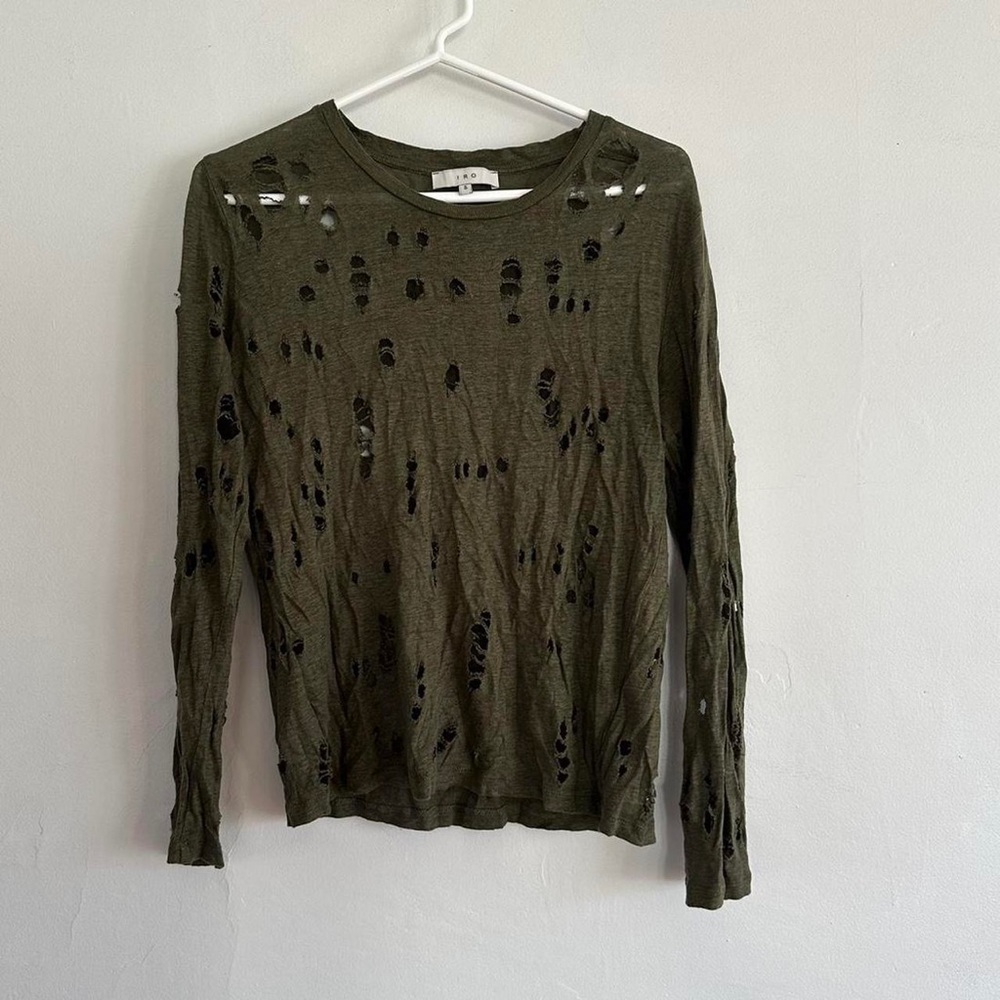 Iro paris olive green distressed long sleeve t shirt